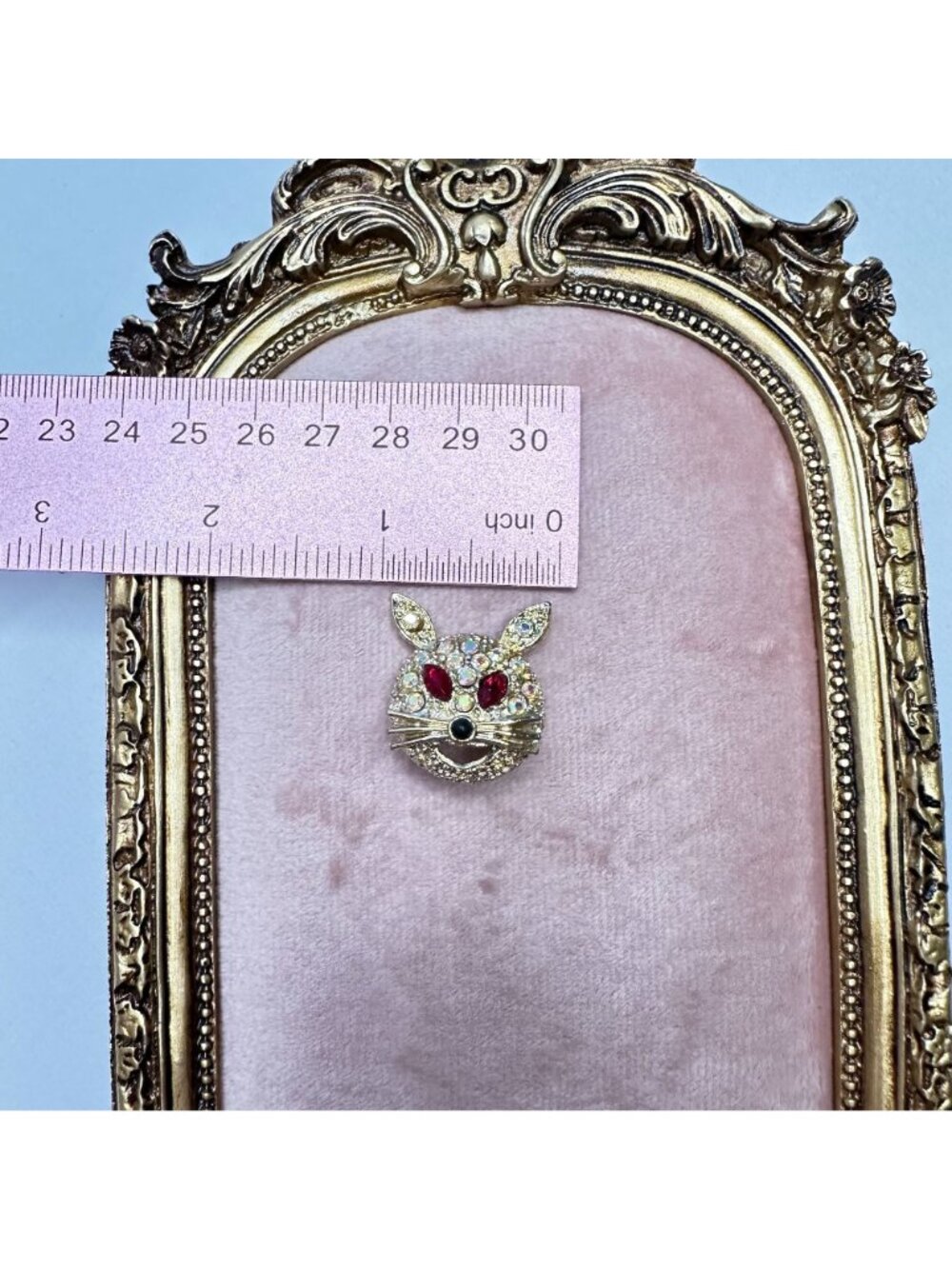 Vintage Aurora Borealis Crystal Rabbit Brooch Pin Red Rhinestone Eyes Gold-Tone - Picture 10 of 16